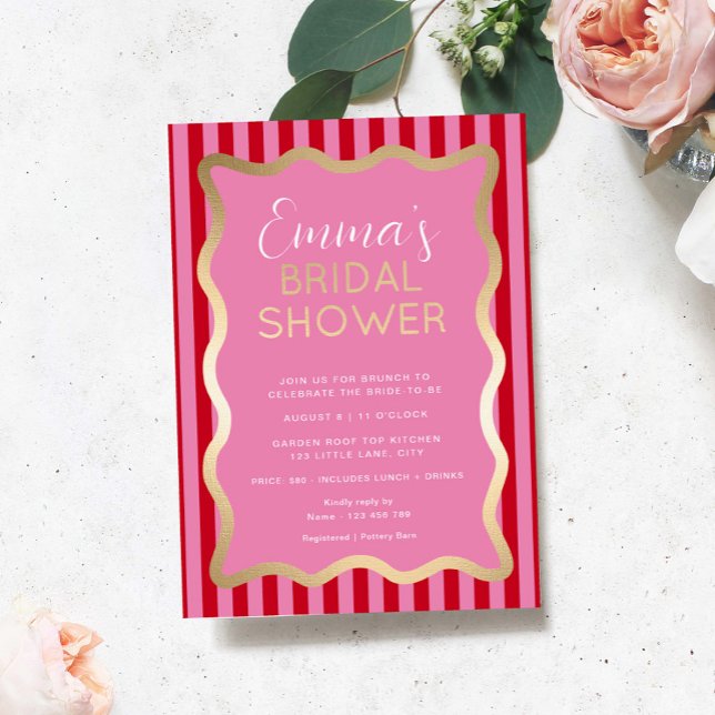 Invitación Con Relieve Metalizado Wave Red Stripe Rosa Bridal Shower (Pink Red Stripe Wave Gold Bridal Shower Invitation )