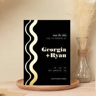 Invitación Con Relieve Metalizado Wavy Edge Moderno Retro Negro Guardar la fecha Rea