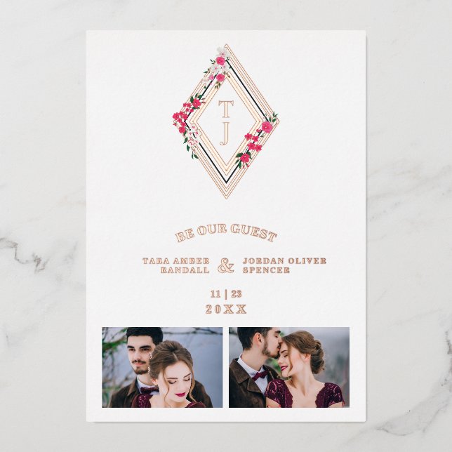 Invitación Con Relieve Metalizado Wedding Initials 2 Photos Diamond Rose Gold Floral (Anverso)