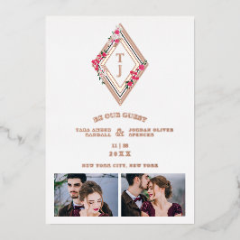 Invitación Con Relieve Metalizado Wedding Initials 2 Photos Real Rose Gold Effect 