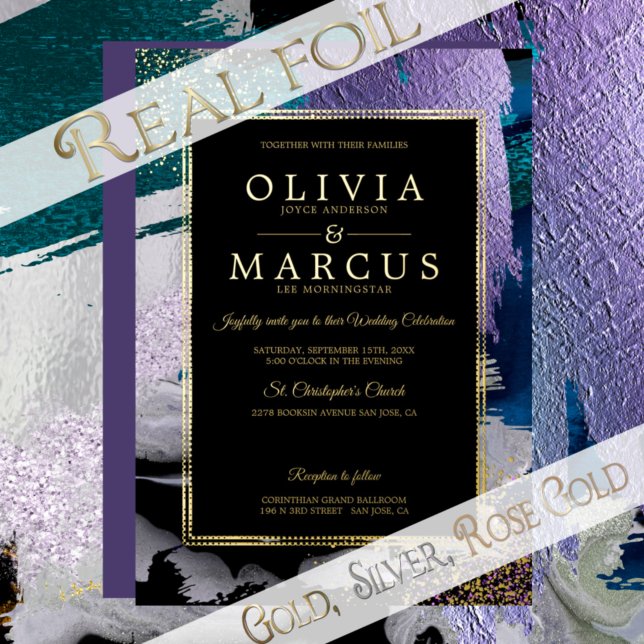 Invitación Con Relieve Metalizado Wedding | Metallic Peacock Teal Brush Strokes (Subido por el creador)