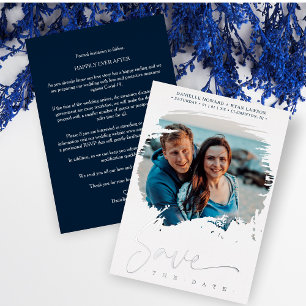 Invitación Con Relieve Metalizado Wedding Modern Brushstroke Photo Engaged Couple
