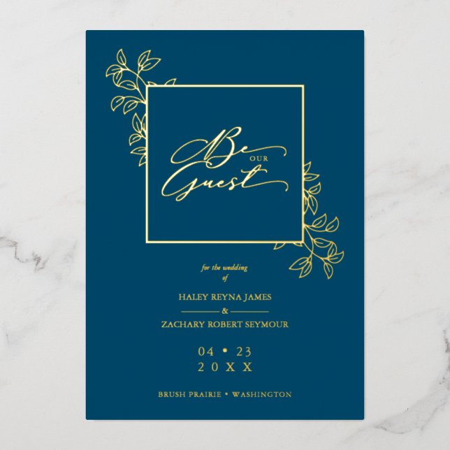 Invitación Con Relieve Metalizado Wedding Navy Trendy Modern Branches Frame Photo (Anverso)