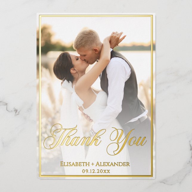 Invitación Con Relieve Metalizado Wedding Photo Script THANK YOU Foil Card (Anverso)
