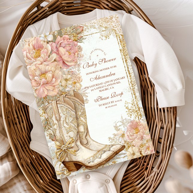 Invitación Con Relieve Metalizado Western Cowgirl Boots Floral Baby Shower (Subido por el creador)