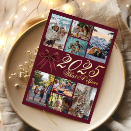 Invitación Con Relieve Metalizado What A Year Photo Collage Wine Red Christmas Card