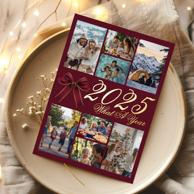 Invitación Con Relieve Metalizado What A Year Photo Collage Wine Red Christmas Card (Subido por el creador)