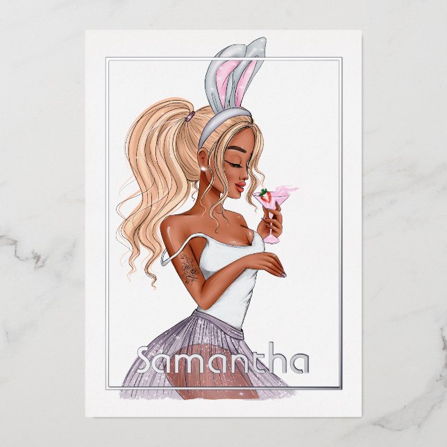 Invitación Con Relieve Metalizado Whimsical Bunny Easter Birthday Cocktail Chica Rel (Anverso)