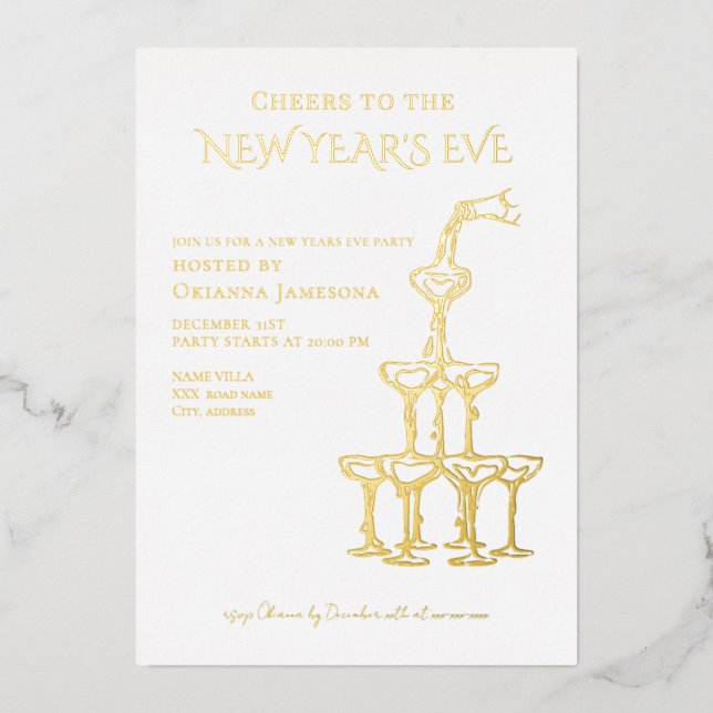 Invitación Con Relieve Metalizado Whimsical  Champagne New Year's Eve Party  (Anverso)
