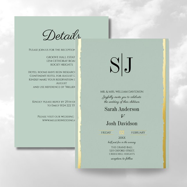 Invitación Con Relieve Metalizado Whimsical Earth Tone Blue Gold Monograma Boda (Subido por el creador)
