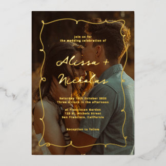 Invitación Con Relieve Metalizado Whimsical Elegant Black & Gold Photo Wedding