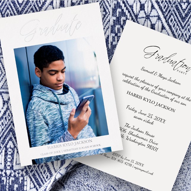 Invitación Con Relieve Metalizado  Whimsical Modern Graduation Calligraphy Photo (Subido por el creador)