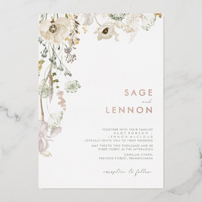 Invitación Con Relieve Metalizado Whimsical Wildflower Meadow | RELIEVE METALIZADO D (Anverso)