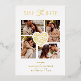 Invitación Con Relieve Metalizado White Collage Wedding Golden Heart 4 Photos Real 