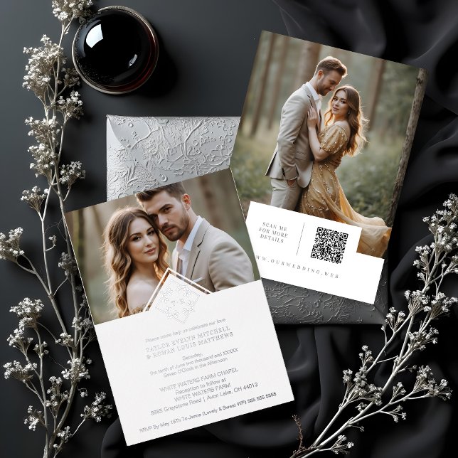 Invitación Con Relieve Metalizado White Exquisite Silver Wedding Botanical Monogram (White Exquisite Minimalist Wedding Design Botanical Monogram and Initials Metallic Foil Silver Cards)