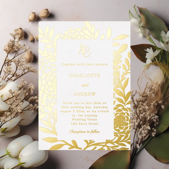 Invitación Con Relieve Metalizado White gold botanical monogram luxury wedding (Subido por el creador)