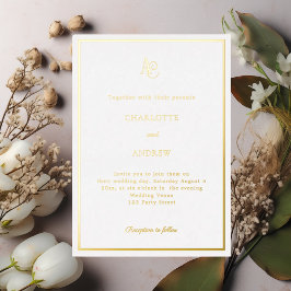 Invitación Con Relieve Metalizado White gold modern monogram luxury wedding