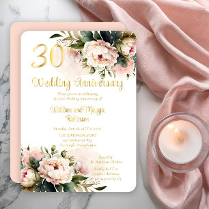 Invitación Con Relieve Metalizado White  Pink Peonies 30th Wedding Anniversary Party