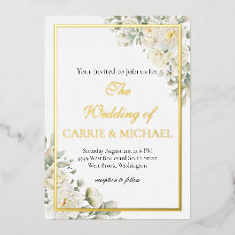 Invitación Con Relieve Metalizado White Roses Foil Wedding Invitation