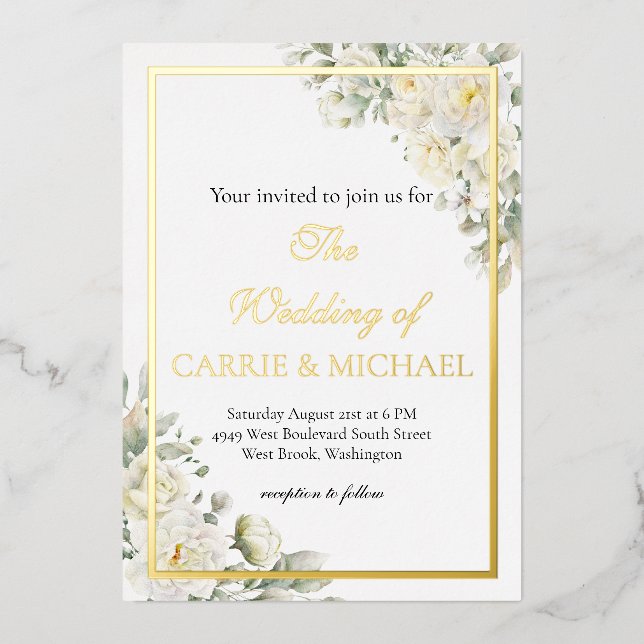 Invitación Con Relieve Metalizado White Roses Foil Wedding Invitation (Anverso)