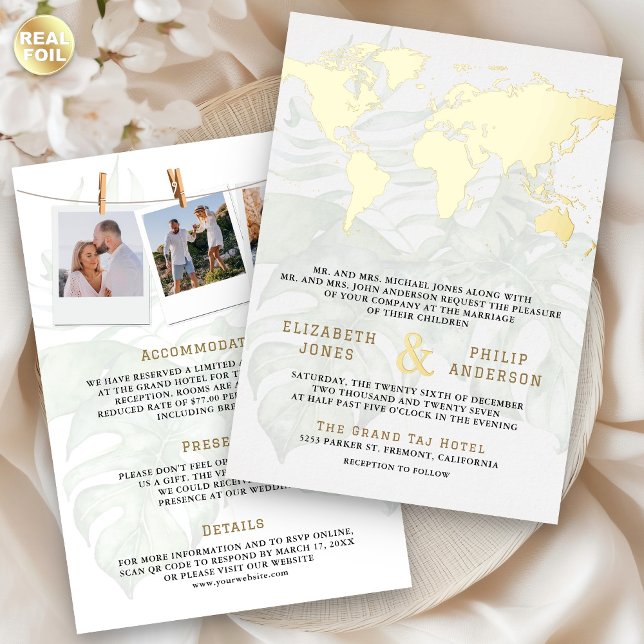 Invitación Con Relieve Metalizado White Tropical Destination World Map Wedding Gold (Subido por el creador)