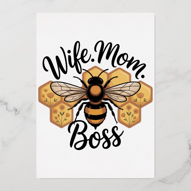 Invitación Con Relieve Metalizado Wife. Mom. Boss (Anverso)