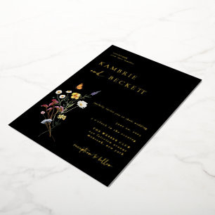 Invitación Con Relieve Metalizado Wild Meadow Floral Boda Negro