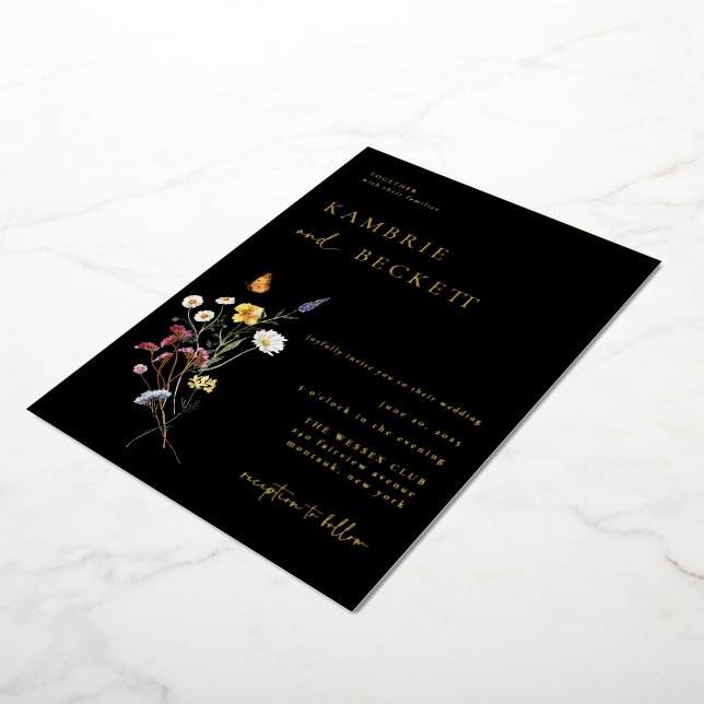Invitación Con Relieve Metalizado Wild Meadow Floral Boda Negro (girado)