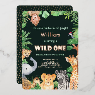 Invitación Con Relieve Metalizado Wild One Jungle Boy Primera Cumpleaños Rosa Dorado