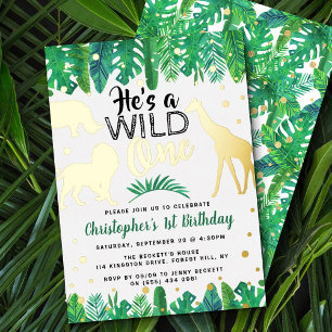 Invitación Con Relieve Metalizado Wild One Jungle Safari Boys 1er Cumpleaños Real
