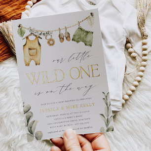 Invitación Con Relieve Metalizado Wild One Neutral Boho Safari Baby Shower