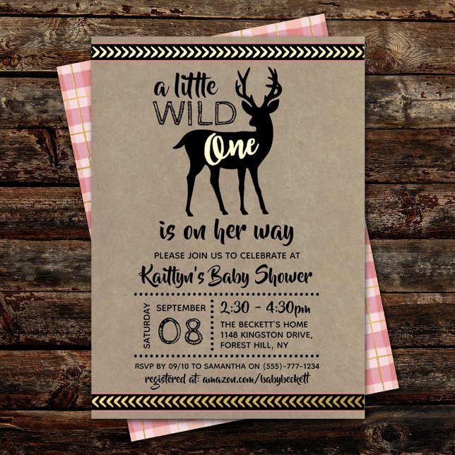 Invitación Con Relieve Metalizado Wild One Woodland Deer Chicas Baby Shower Real (Subido por el creador)