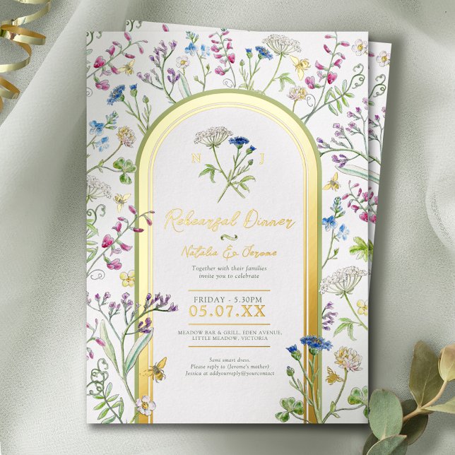 Invitación Con Relieve Metalizado Wildflower Botanical Floral Rehearsal Dinner (Subido por el creador)