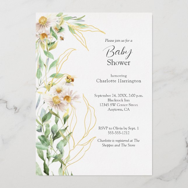Invitación Con Relieve Metalizado Wildflower Daisy Border Baby Shower (Anverso)