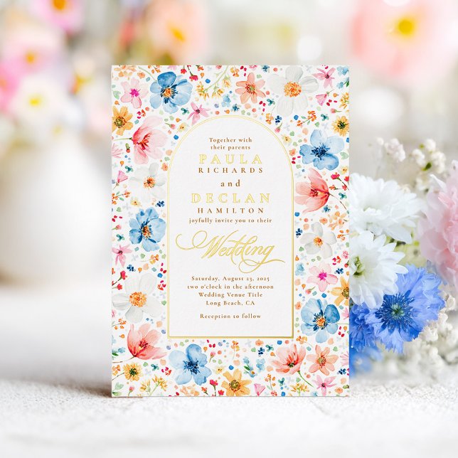 Invitación Con Relieve Metalizado Wildflower Meadow Garden Floral Boho Boda (Wildflower Gold Foil Wedding Invitation)