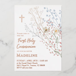 Invitación Con Relieve Metalizado  wildflowers design First Holy Communion