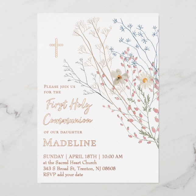 Invitación Con Relieve Metalizado  wildflowers design First Holy Communion (Anverso)