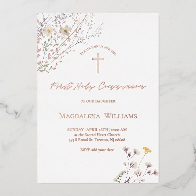 Invitación Con Relieve Metalizado wildflowers | First Communion Invitation (Anverso)