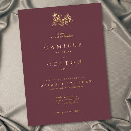 Invitación Con Relieve Metalizado Wine Burgundy Minimalist Leaf Acorn Fall Wedding