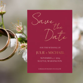Invitación Con Relieve Metalizado Wine Red Simple Style Wedding Save the Date
