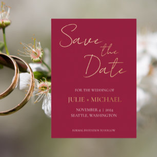 Invitación Con Relieve Metalizado Wine Red Simple Style Wedding Save the Date