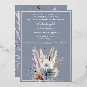 Invitación Con Relieve Metalizado Winter Boho Floral Boda   Azul