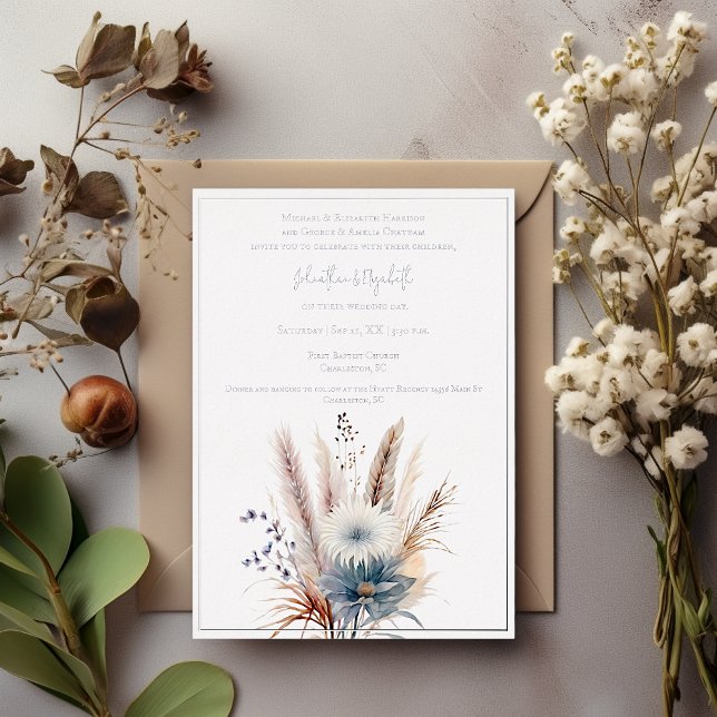 Invitación Con Relieve Metalizado Winter Boho Floral Boda | Blanca (White Winter Boho Floral Wedding Foil Invitation)