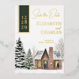 Invitación Con Relieve Metalizado Winter Cabin Cottage Rústica Verde Salvar La Fecha