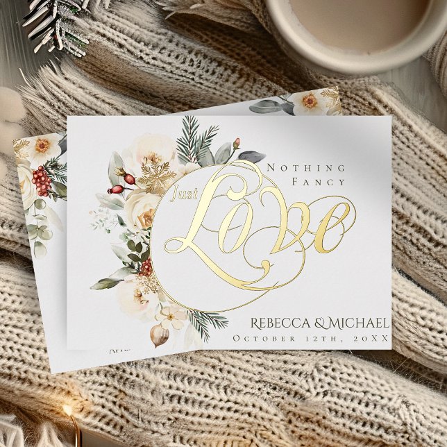 Invitación Con Relieve Metalizado Winter Floral Nothing Fancy Just Love Boda (Subido por el creador)