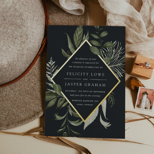 Invitación Con Relieve Metalizado Winter Meadow | Boda de follaje acuático verde (Dark moody botanical wedding invitations)