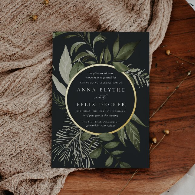 Invitación Con Relieve Metalizado Winter Meadow Green Boda Botánico (Dark moody botanical wedding invitations)