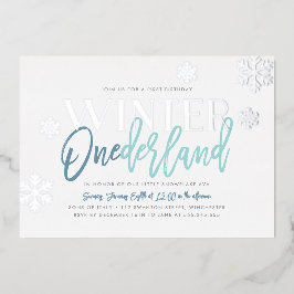 Invitación Con Relieve Metalizado Winter ONEderland 1er cumpleaños Plata azul