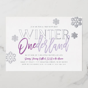 Invitación Con Relieve Metalizado Winter ONEderland 1er cumpleaños Plata morada