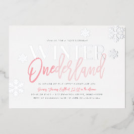 Invitación Con Relieve Metalizado Winter ONEderland 1er cumpleaños Plata rosa